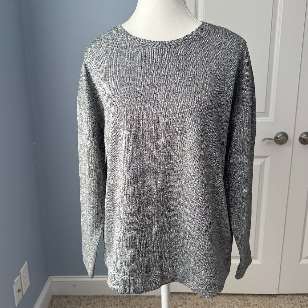 NWT Anne Klein Metallic Cotton Blend Sweatshirt Grey Heather/Silver Size L